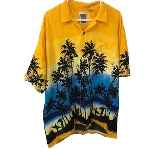 Ocean current yellow beach surf silhouette print button down shirt